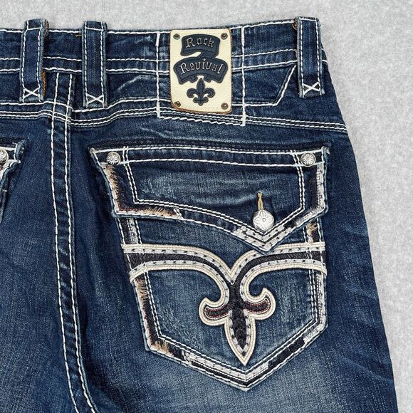 Rock Revival Kaelen Straight Jeans Mens 38 (40x33) Fleur De Lis Distressed Flap